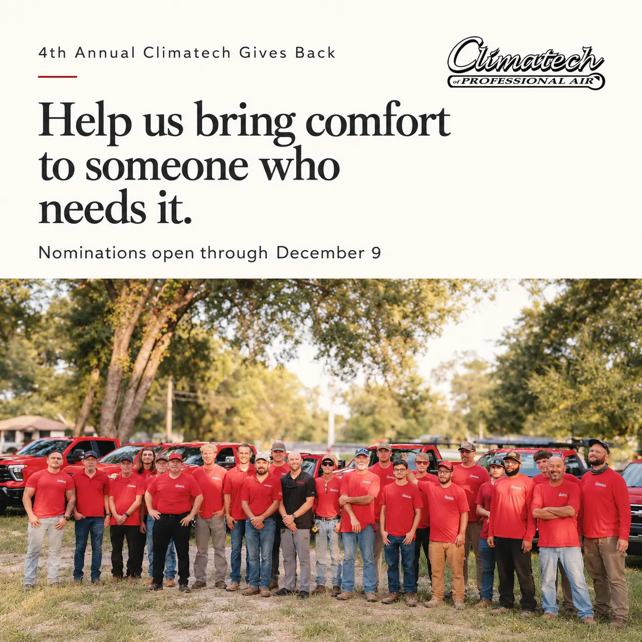 4th Annual Climatech Gives Back: help us bring comfort to someone who needs it, nominations open through December 9. The Climatech crew in red shirts in front of their service trucks.